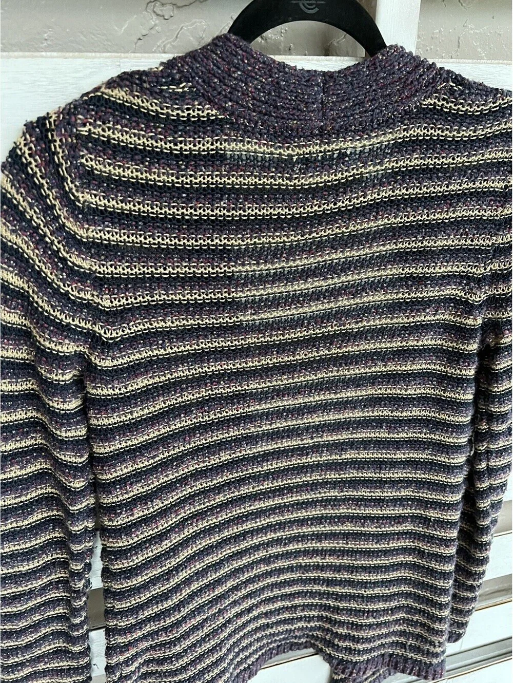 Lucky Brand Striped Pockets Long Cardigan Sweater  Purple Cream Size M.